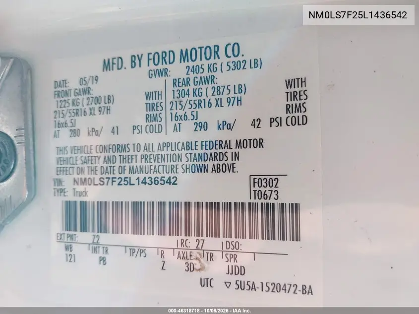 2020 FORD TRANSIT CONNECT VIN NM0LS7F25L1436542 — фото 9