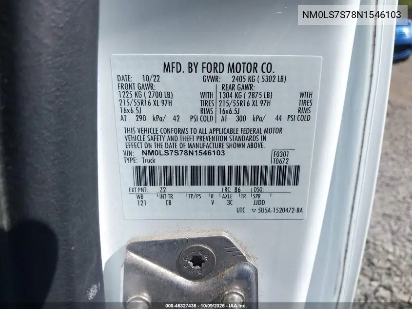 2022 FORD TRANSIT CONNECT VIN NM0LS7S78N1546103 — фото 4