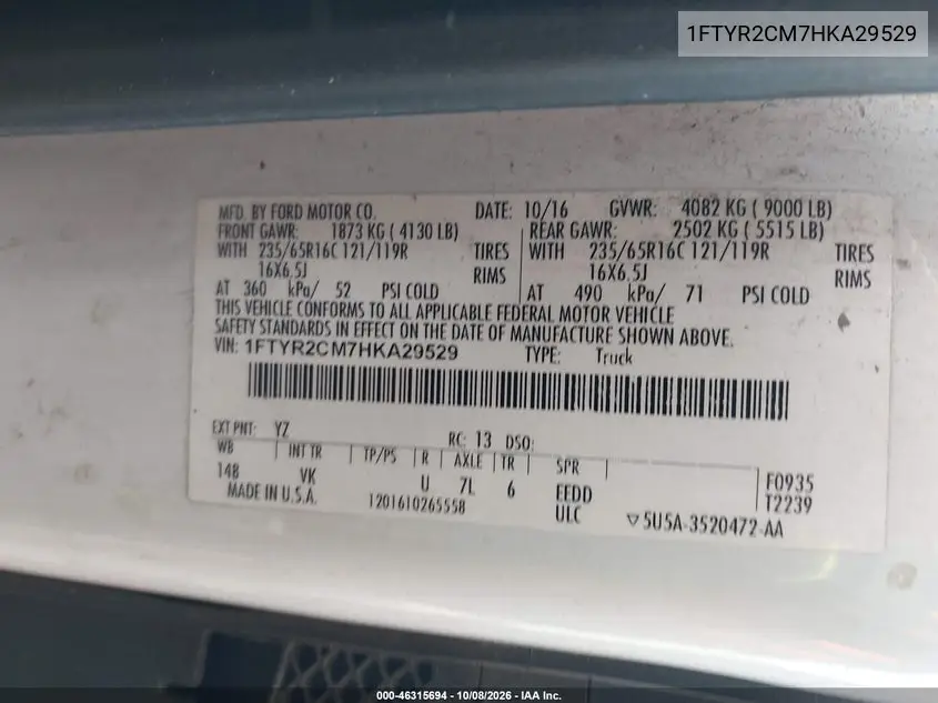 2017 FORD TRANSIT VIN 1FTYR2CM7HKA29529 — фото 9