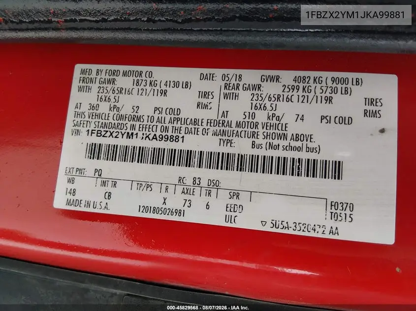 2018 FORD TRANSIT VIN 1FBZX2YM1JKA99881 — фото 9