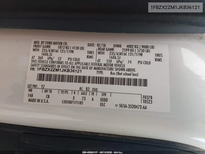 2018 FORD TRANSIT VIN 1FBZX2ZM1JKB36121 — фото 9