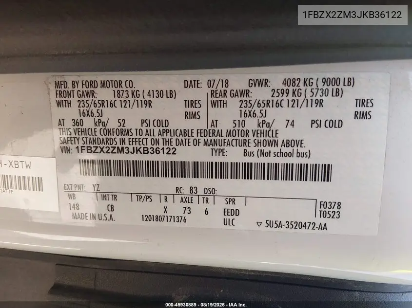 2018 FORD TRANSIT VIN 1FBZX2ZM3JKB36122 — фото 9