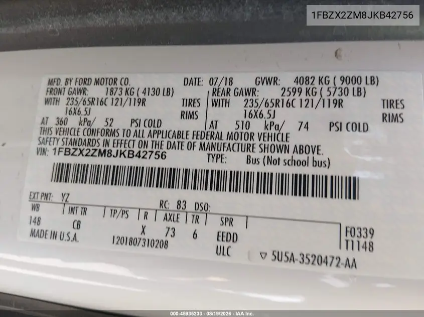 2018 FORD TRANSIT VIN 1FBZX2ZM8JKB42756 — фото 9