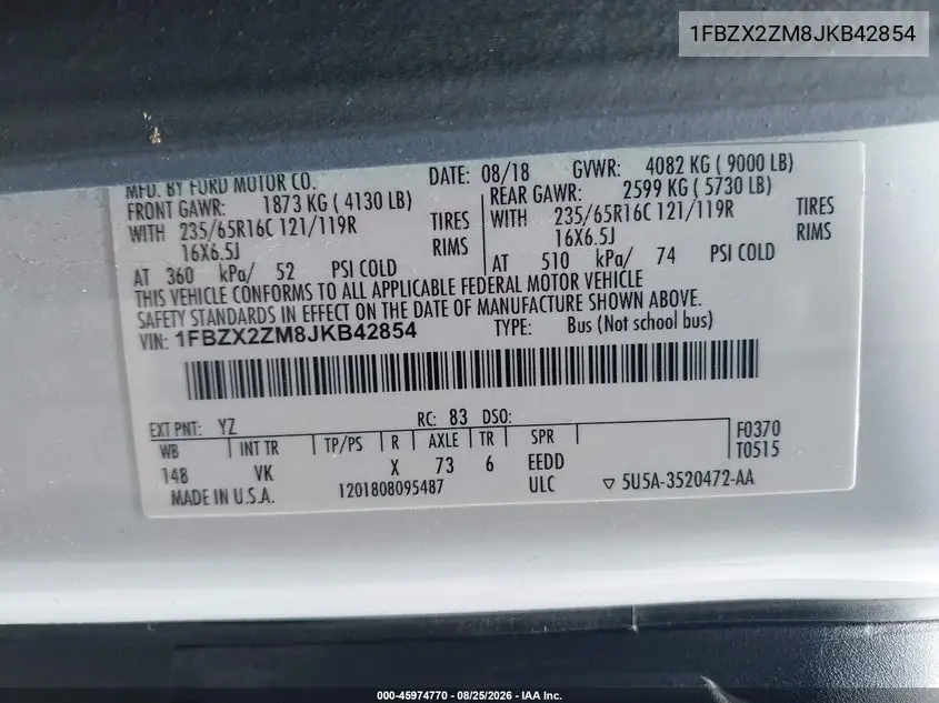 2018 FORD TRANSIT VIN 1FBZX2ZM8JKB42854 — фото 9