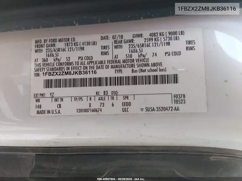 2018 FORD TRANSIT VIN 1FBZX2ZM8JKB36116 — фото 9