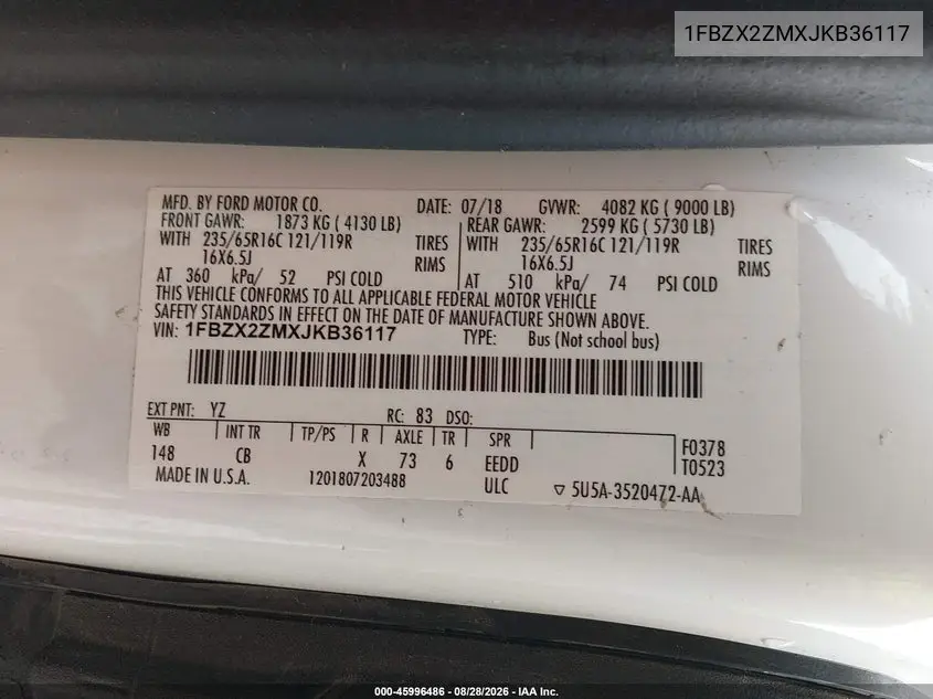 2018 FORD TRANSIT VIN 1FBZX2ZMXJKB36117 — фото 9