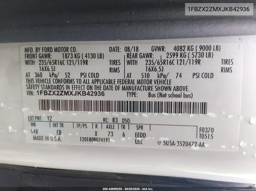 2018 FORD TRANSIT VIN 1FBZX2ZMXJKB42936 — фото 9