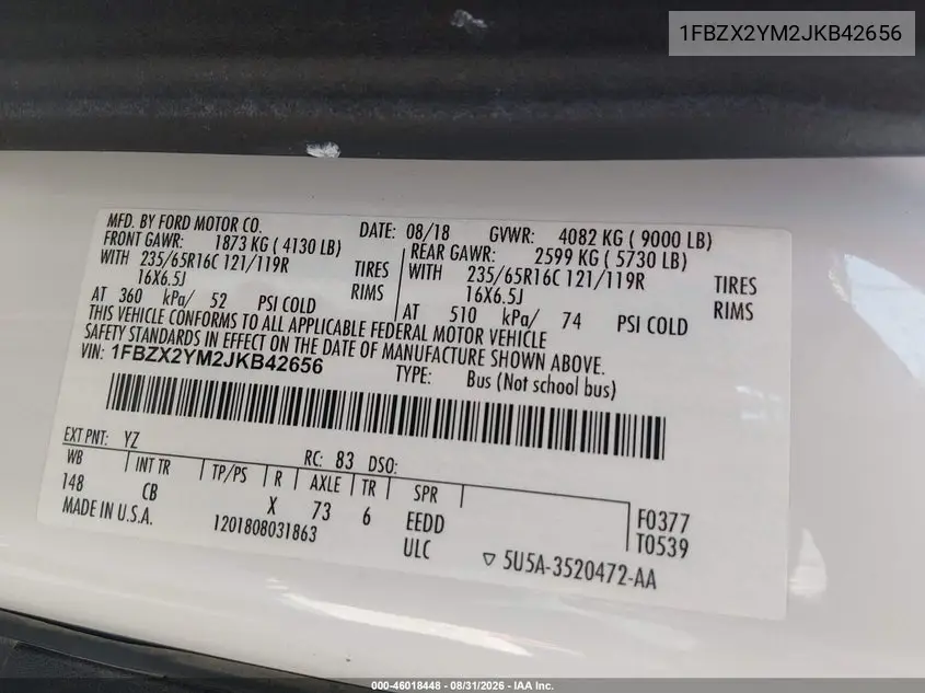 2018 FORD TRANSIT VIN 1FBZX2YM2JKB42656 — фото 9