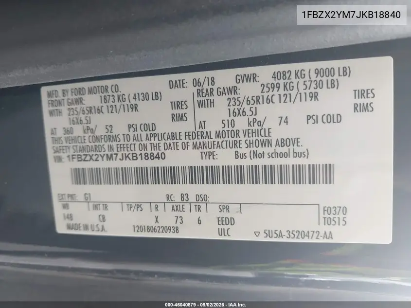 2018 FORD TRANSIT VIN 1FBZX2YM7JKB18840 — фото 9
