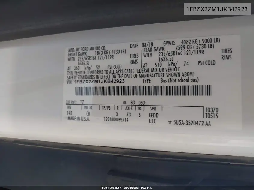2018 FORD TRANSIT VIN 1FBZX2ZM1JKB42923 — фото 9