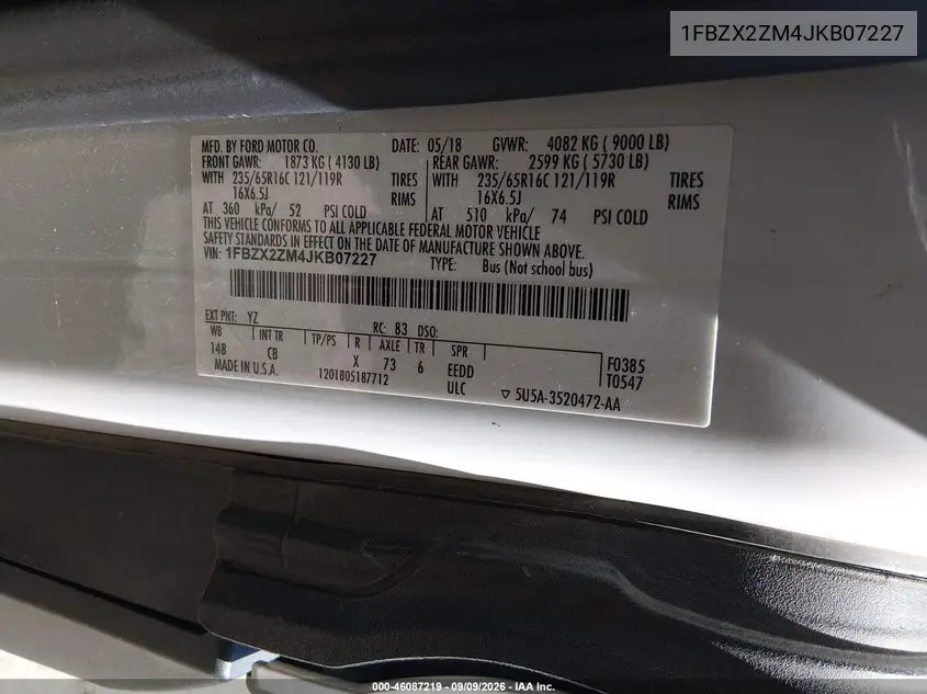 2018 FORD TRANSIT VIN 1FBZX2ZM4JKB07227 — фото 9