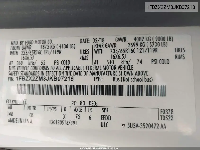 2018 FORD TRANSIT VIN 1FBZX2ZM3JKB07218 — фото 9