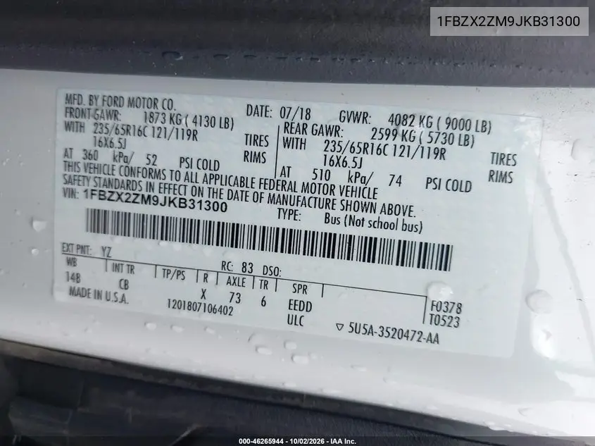 2018 FORD TRANSIT VIN 1FBZX2ZM9JKB31300 — фото 9