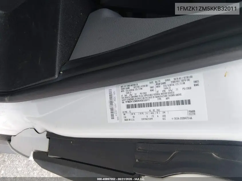 2019 FORD TRANSIT VIN 1FMZK1ZM5KKB32011 — фото 9