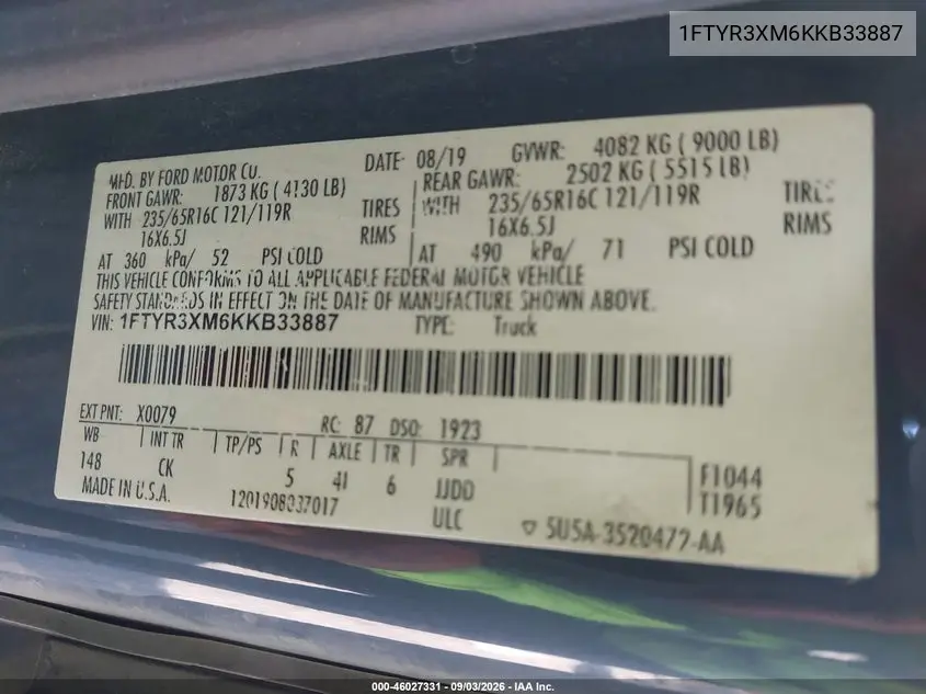 2019 FORD TRANSIT VIN 1FTYR3XM6KKB33887 — фото 9