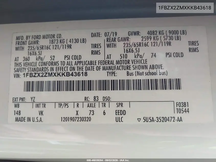 2019 FORD TRANSIT VIN 1FBZX2ZMXKKB43618 — фото 9