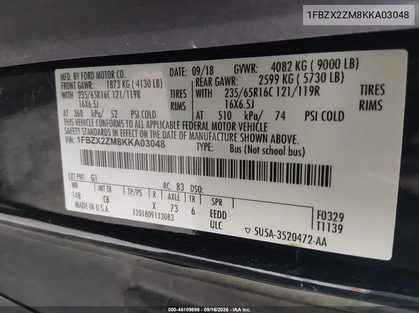 2019 FORD TRANSIT VIN 1FBZX2ZM8KKA03048 — фото 9