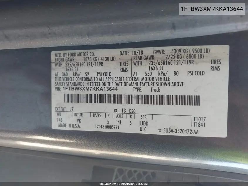 2019 FORD TRANSIT VIN 1FTBW3XM7KKA13644 — фото 9