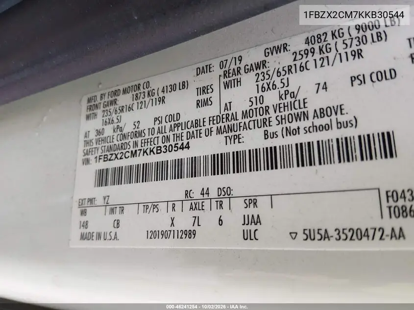2019 FORD TRANSIT VIN 1FBZX2CM7KKB30544 — фото 9
