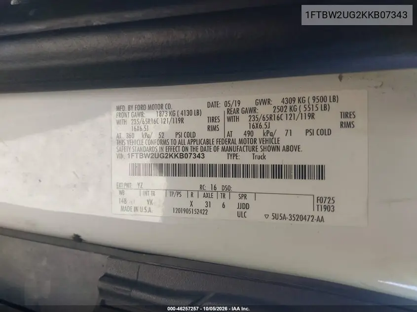 2019 FORD TRANSIT VIN 1FTBW2UG2KKB07343 — фото 9