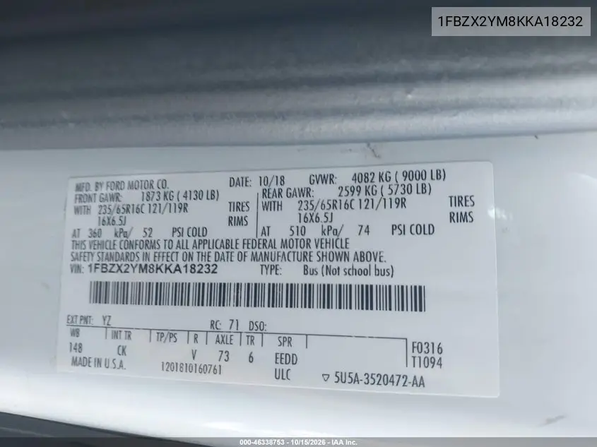 2019 FORD TRANSIT VIN 1FBZX2YM8KKA18232 — фото 9