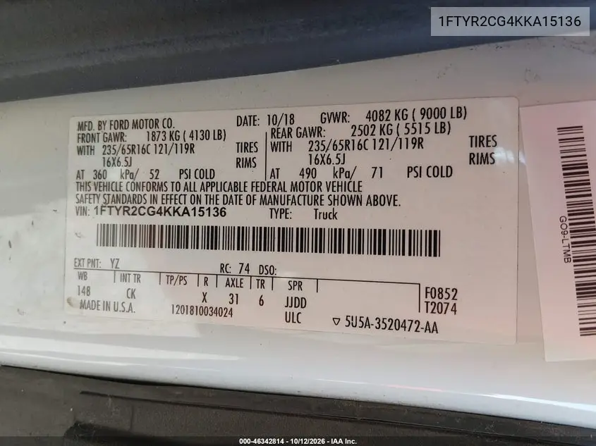 2019 FORD TRANSIT VIN 1FTYR2CG4KKA15136 — фото 9