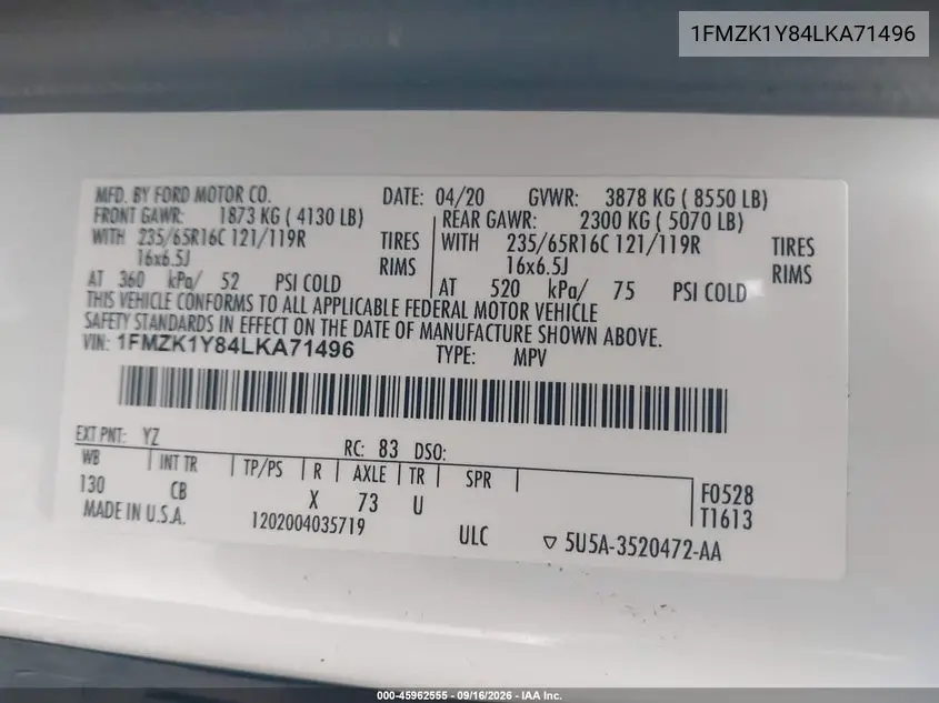 2020 FORD TRANSIT VIN 1FMZK1Y84LKA71496 — фото 9
