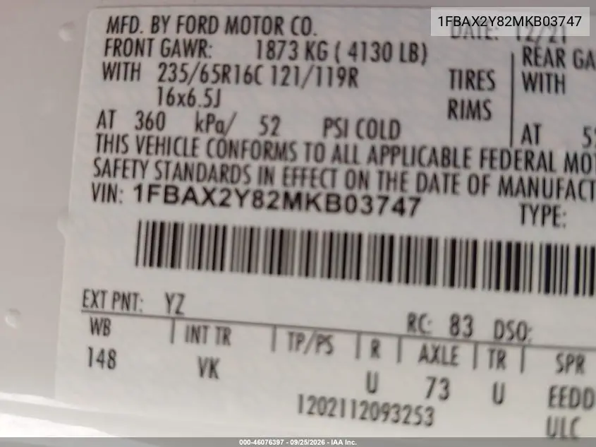 2021 FORD TRANSIT VIN 1FBAX2Y82MKB03747 — фото 9