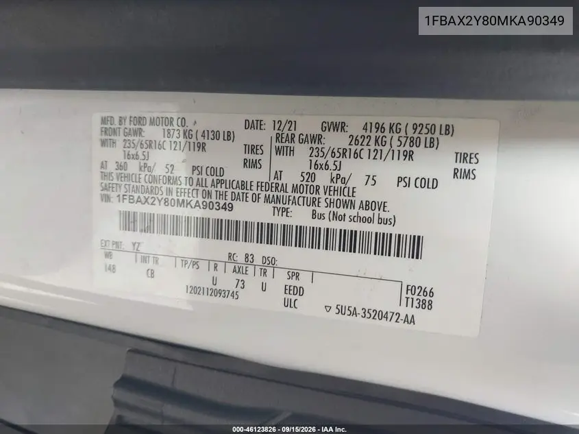 2021 FORD TRANSIT VIN 1FBAX2Y80MKA90349 — фото 9