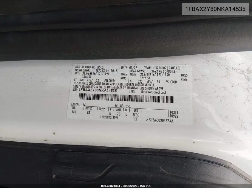 2022 FORD TRANSIT VIN 1FBAX2Y80NKA14535 — фото 9