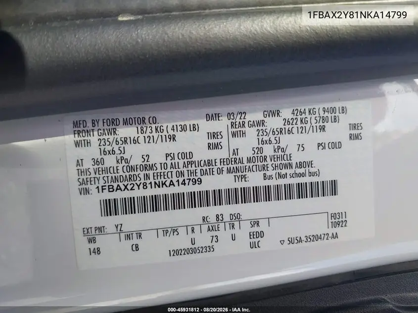 2022 FORD TRANSIT VIN 1FBAX2Y81NKA14799 — фото 9
