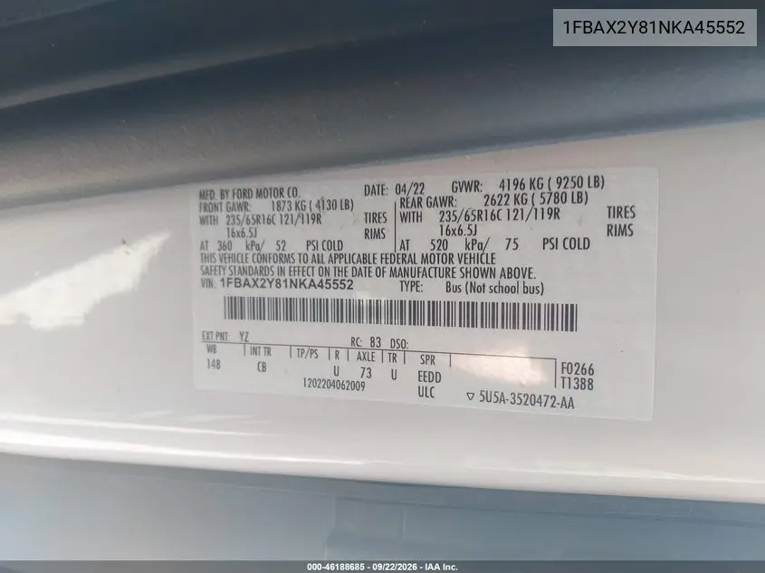 2022 FORD TRANSIT VIN 1FBAX2Y81NKA45552 — фото 9