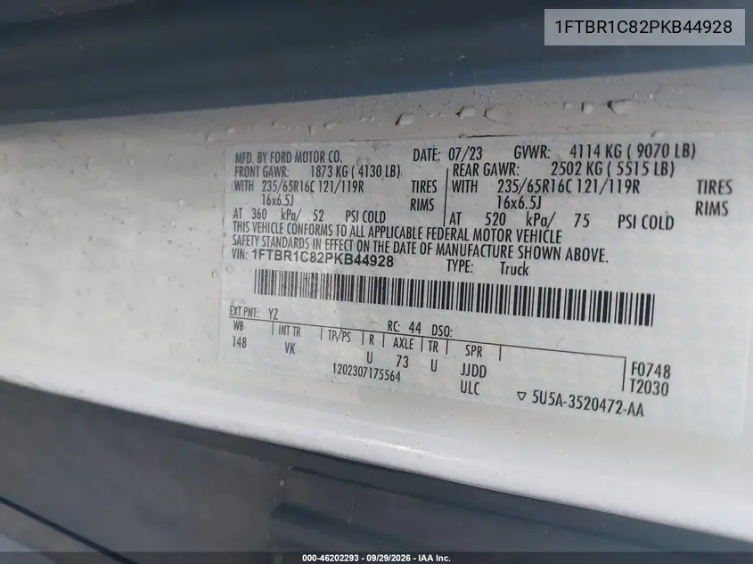 2023 FORD TRANSIT VIN 1FTBR1C82PKB44928 — фото 9