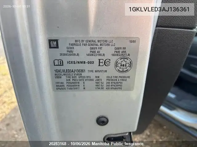 2010 GMC ACADIA VIN 1GKLVLED3AJ136361 — фото 9