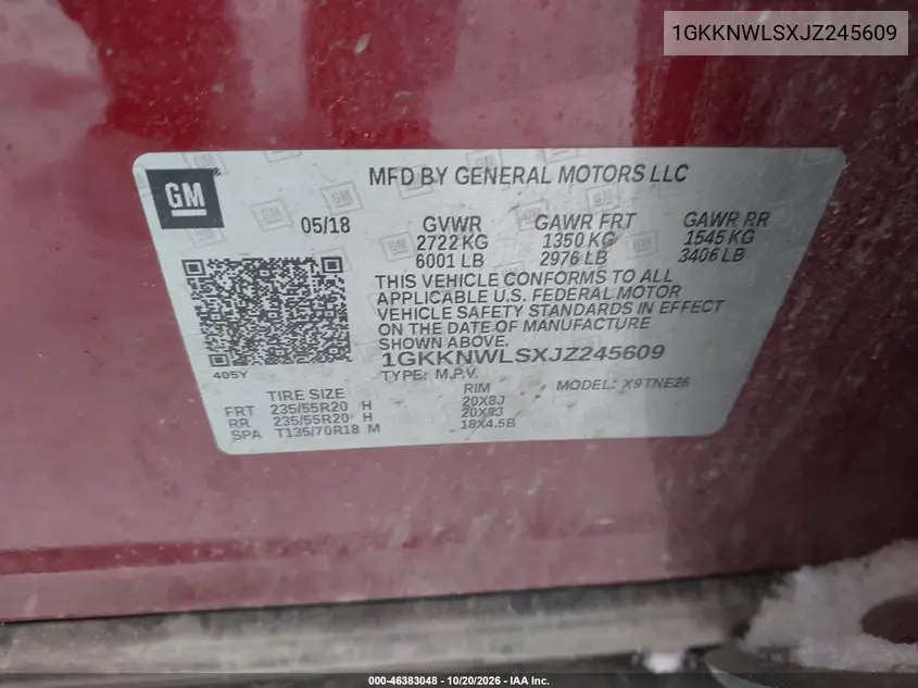 2018 GMC ACADIA VIN 1GKKNWLSXJZ245609 — фото 9