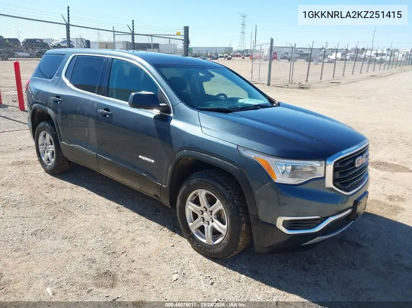 GMC ACADIA 2019, VIN 1GKKNRLA2KZ251415