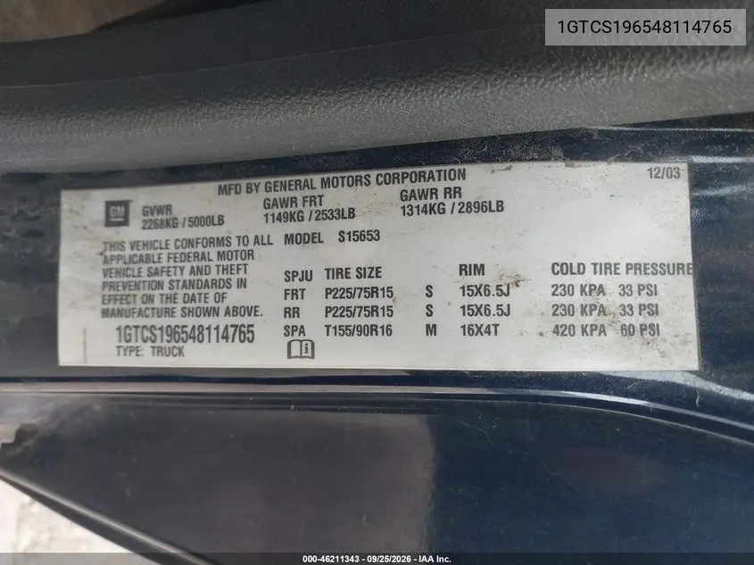 2004 GMC CANYON VIN 1GTCS196548114765 — фото 9