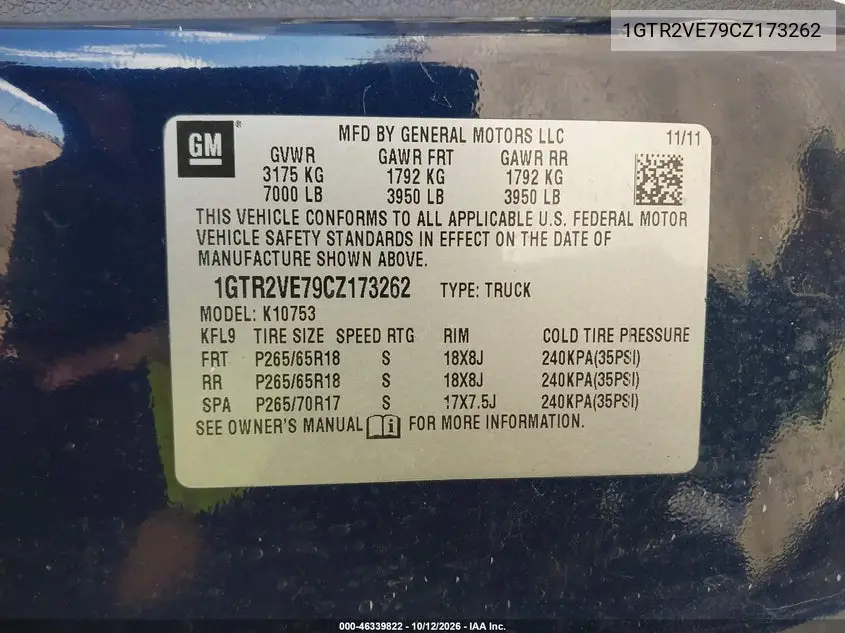 2012 GMC SIERRA VIN 1GTR2VE79CZ173262 — фото 9