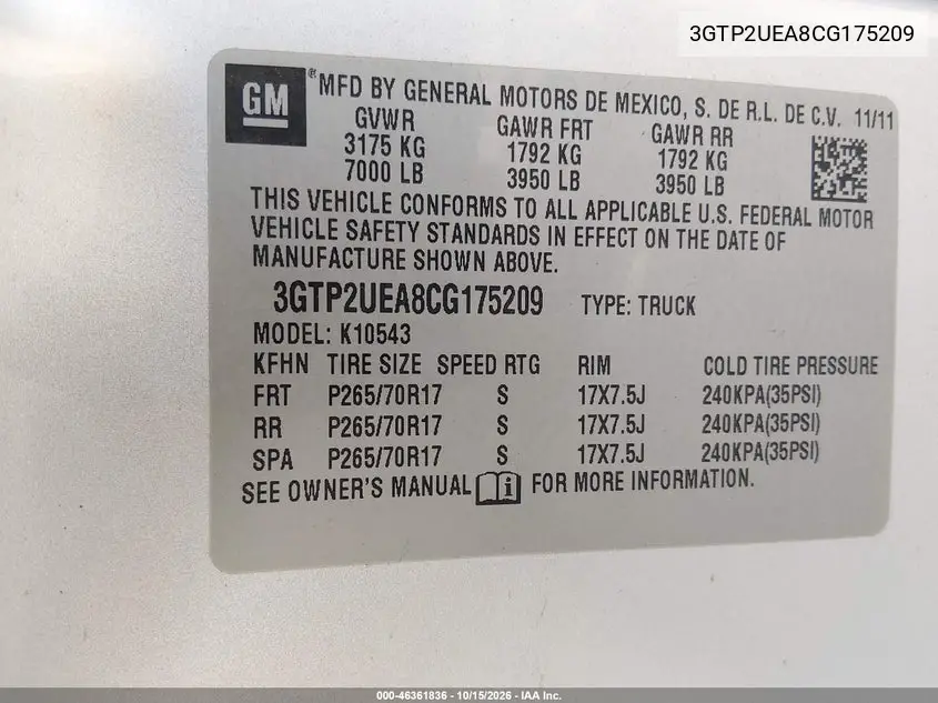 2012 GMC SIERRA VIN 3GTP2UEA8CG175209 — фото 9
