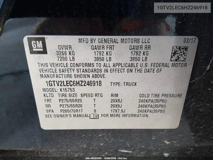 2017 GMC SIERRA VIN 1GTV2LEC6HZ246918 — фото 9