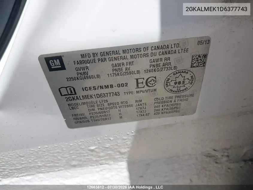 2013 GMC TERRAIN VIN 2GKALMEK1D6377743 — фото 9