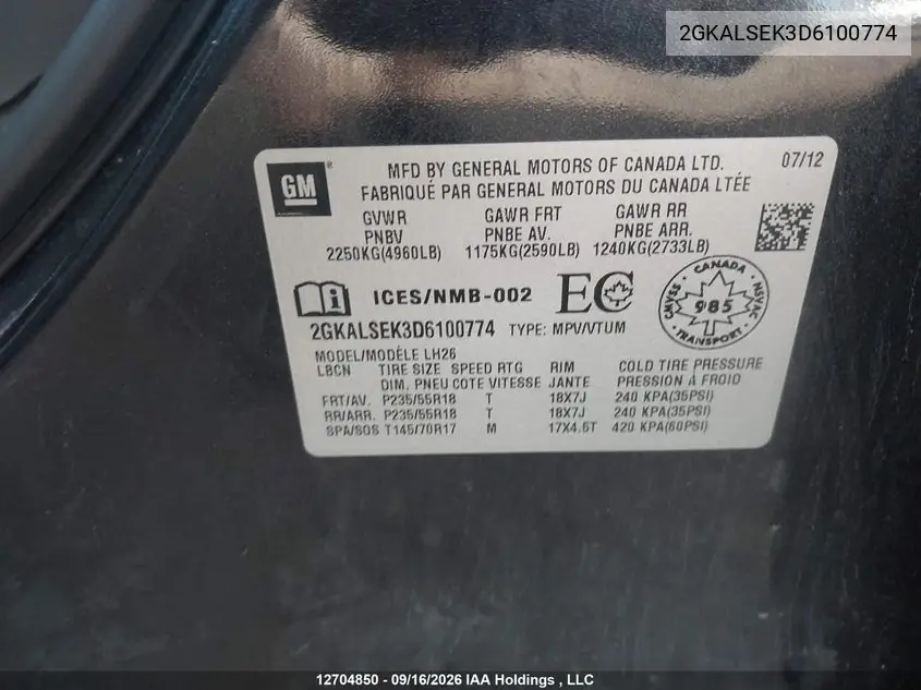 2013 GMC TERRAIN VIN 2GKALSEK3D6100774 — фото 9