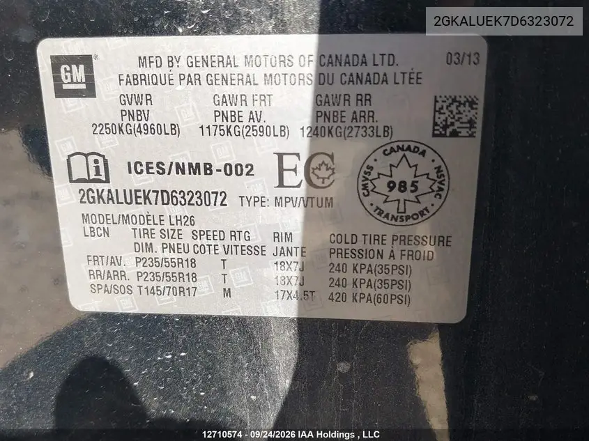 2013 GMC TERRAIN VIN 2GKALUEK7D6323072 — фото 9