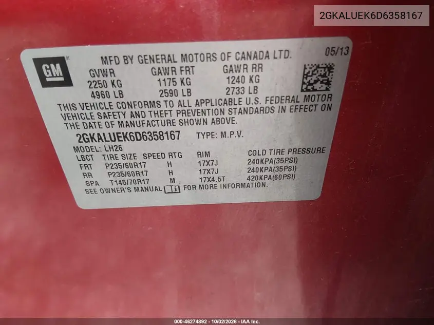 2013 GMC TERRAIN VIN 2GKALUEK6D6358167 — фото 9