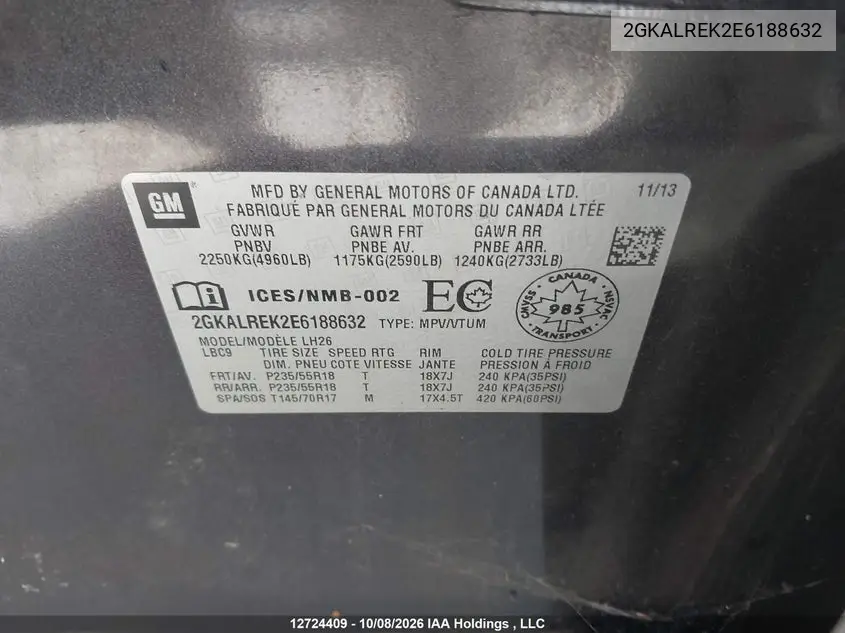 2014 GMC TERRAIN VIN 2GKALREK2E6188632 — фото 9