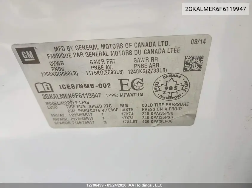 2015 GMC TERRAIN VIN 2GKALMEK6F6119947 — фото 9