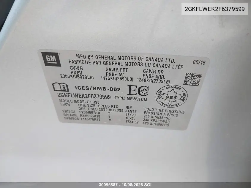 2015 GMC TERRAIN VIN 2GKFLWEK2F6379599 — фото 9