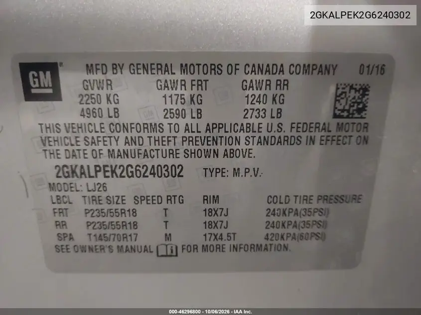 2016 GMC TERRAIN VIN 2GKALPEK2G6240302 — фото 9