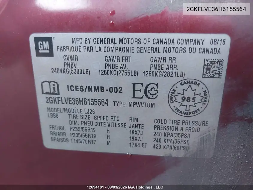 2017 GMC TERRAIN VIN 2GKFLVE36H6155564 — фото 9
