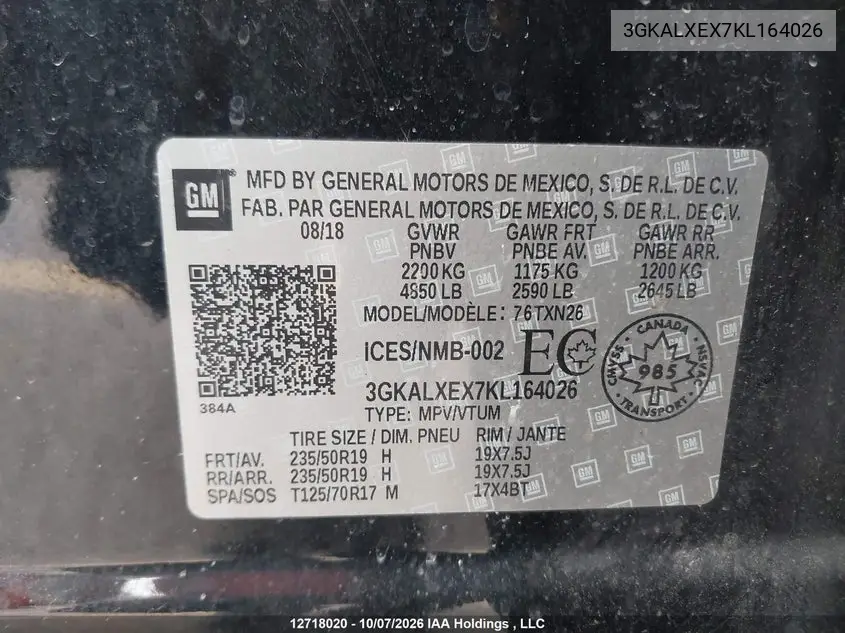 2019 GMC TERRAIN VIN 3GKALXEX7KL164026 — фото 9